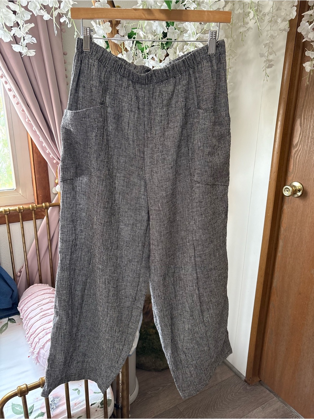 Vintage gingham Textured Wide-Leg Trousers with Elastic Waist cotton & linen